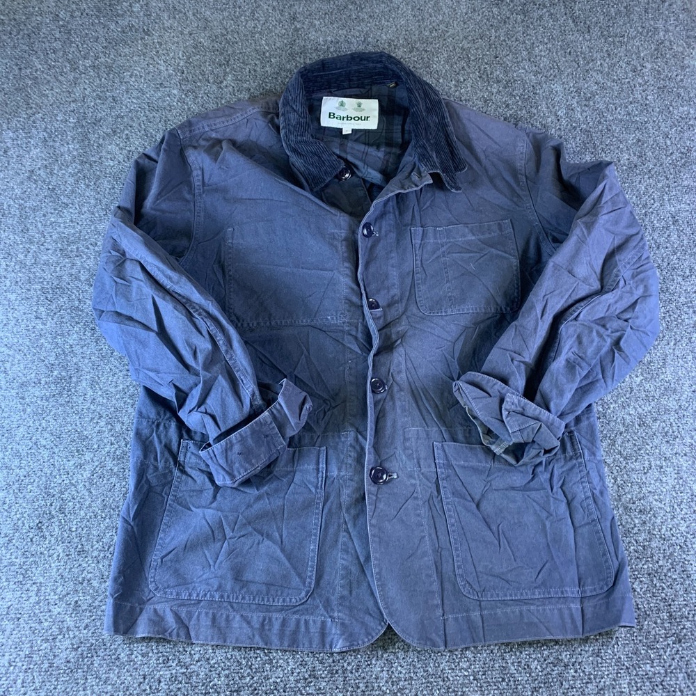 Barbour Chore Jacket Mens L Blue Good Utility Pockets Corduroy Collar Workwear
